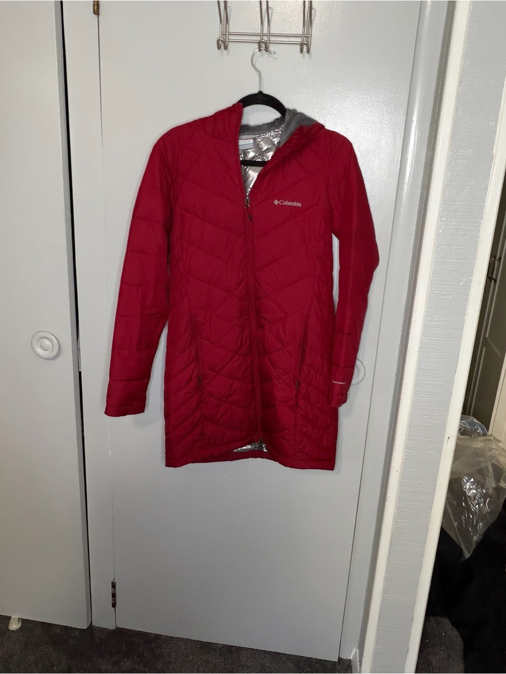 Columbia Red Quilted Long Hooded Puffer Jacket